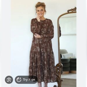 Tiered Floral Long Sleeve Maxi Dress - Brown